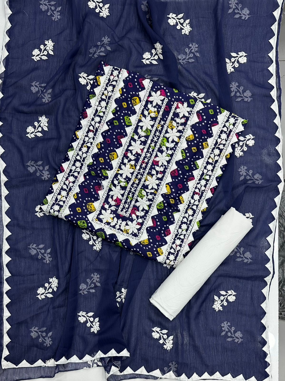 Chunri Print Applic With Embroidery Soft Cotton 3-Piece Suit