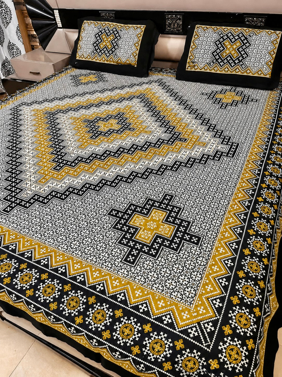 King Size Ajrak Block Hand Print Cotton Stuff Bedsheet Set with 2 Unstitched Pillow Covers
