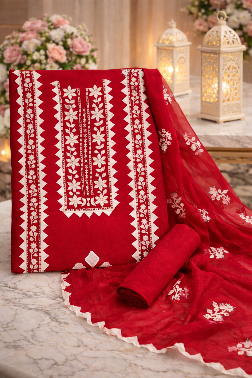 Elegant Handmade Applic Work Embroidery Lawn Cotton with Chiffon Dupatta - Unstitch 3PC Dress 👗