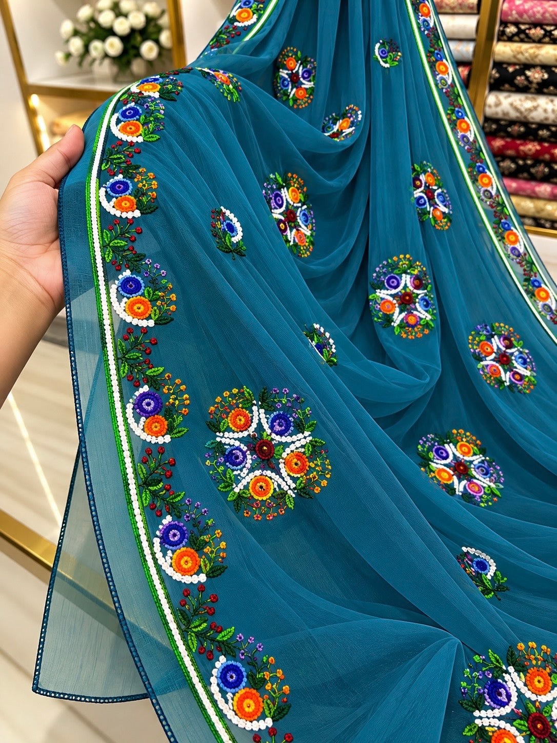China Krinkle Chiffon Multi Flower Thick Thread Embroidered Ladies Chader