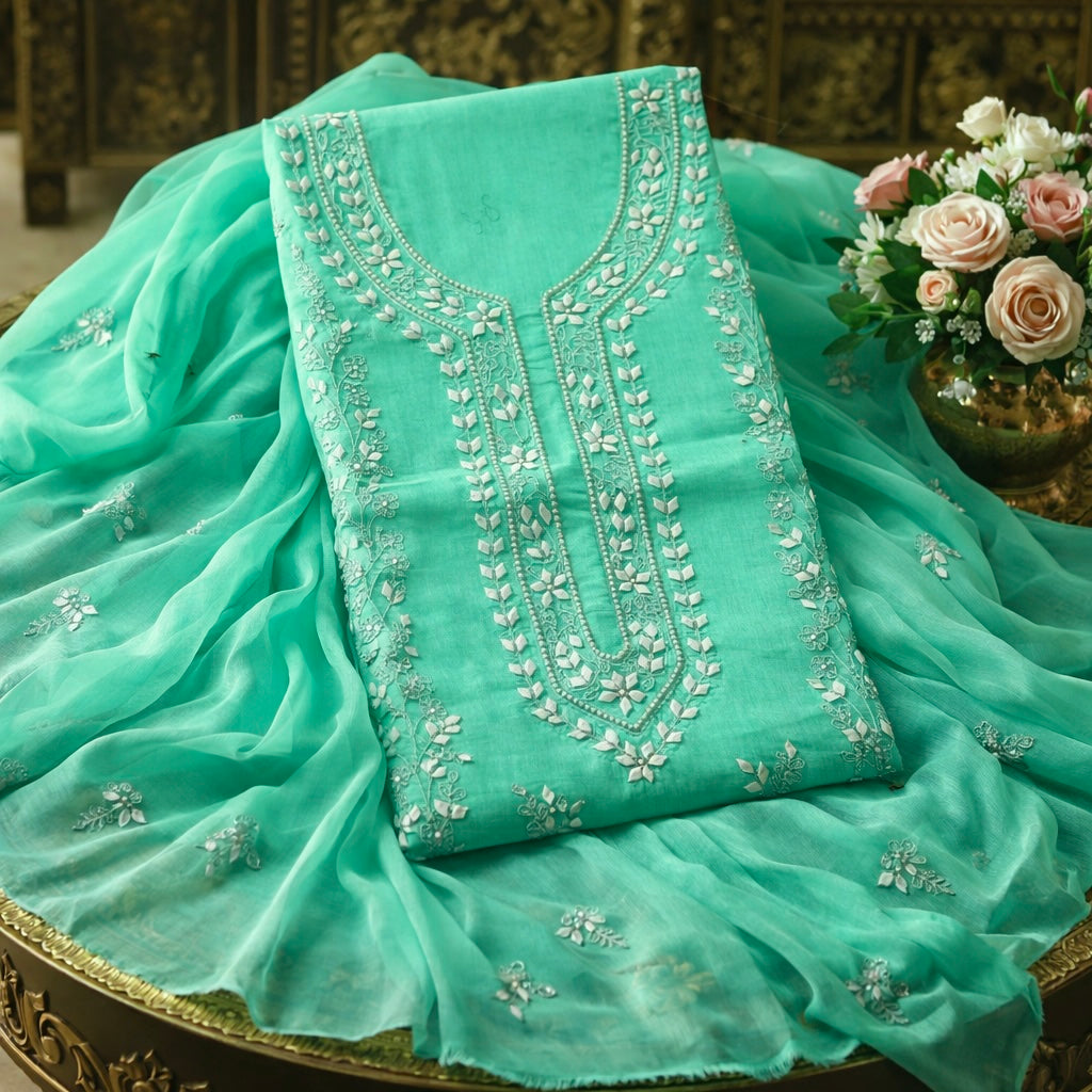 Handmade Applique Leaf, Zari & Pearl Work Lawn Fabric With Chiffon Dupatta 3PC Dress