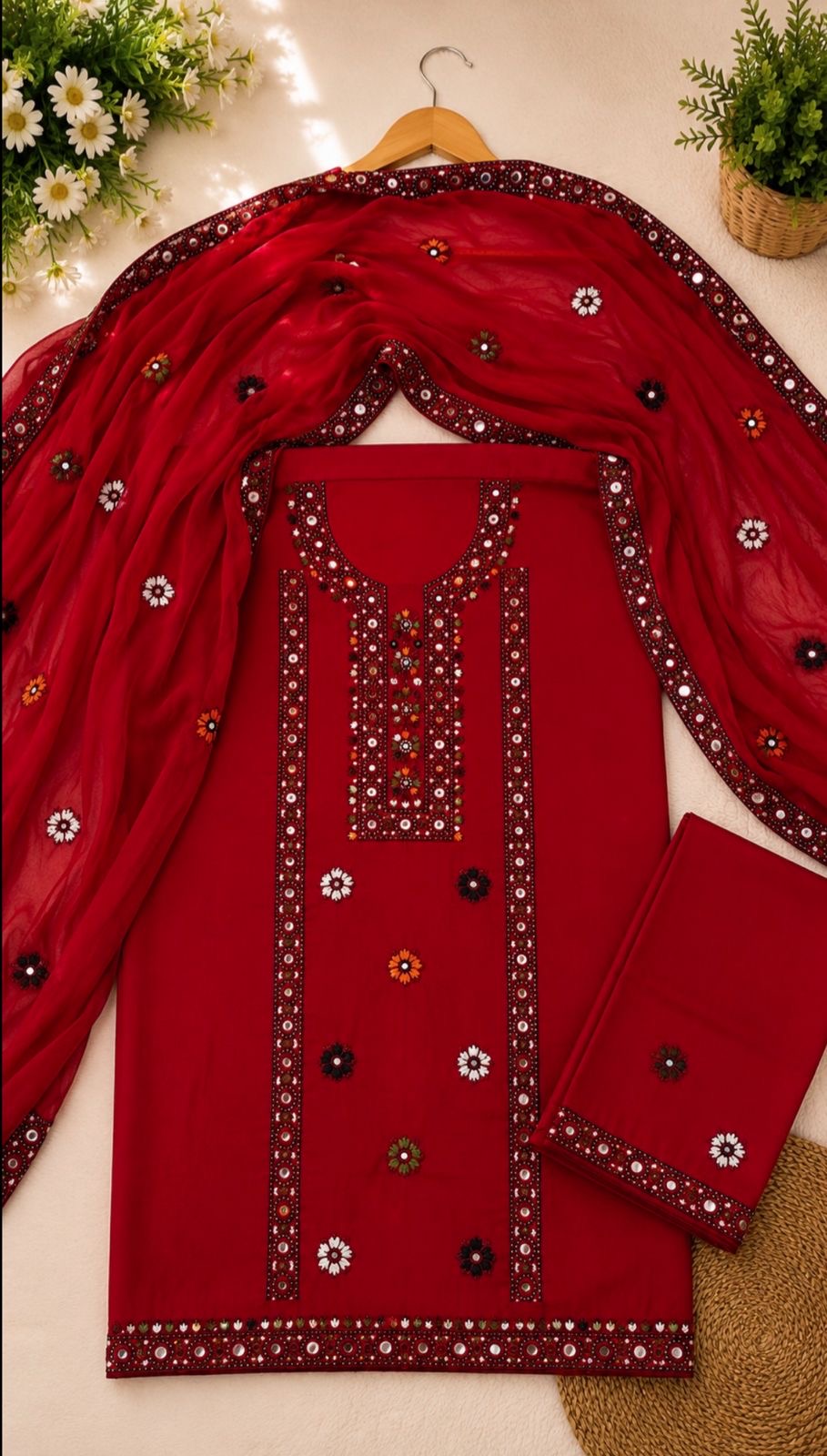 Balochi Multi Thick Thread & 9MM Sitara Heavy Embroidered Soft Cotton Shirt & Trouser with Chiffon Dupatta | 3PC Unstitched Dress 👗