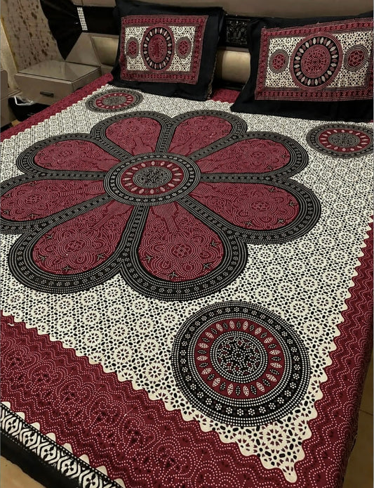 King Size Ajrak Block Hand Print Cotton Stuff Bedsheet Set with 2 Unstitched Pillow Covers