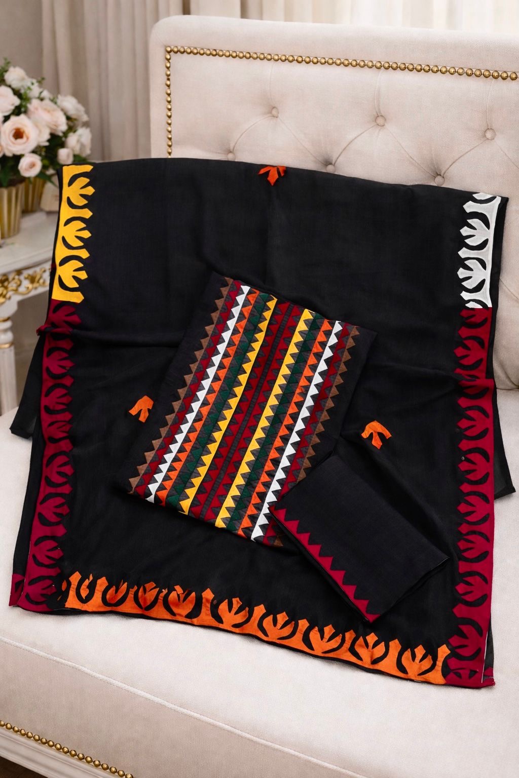 Multicolor Applique 3-Piece Dress – Soft Cotton with Chiffon Dupatta