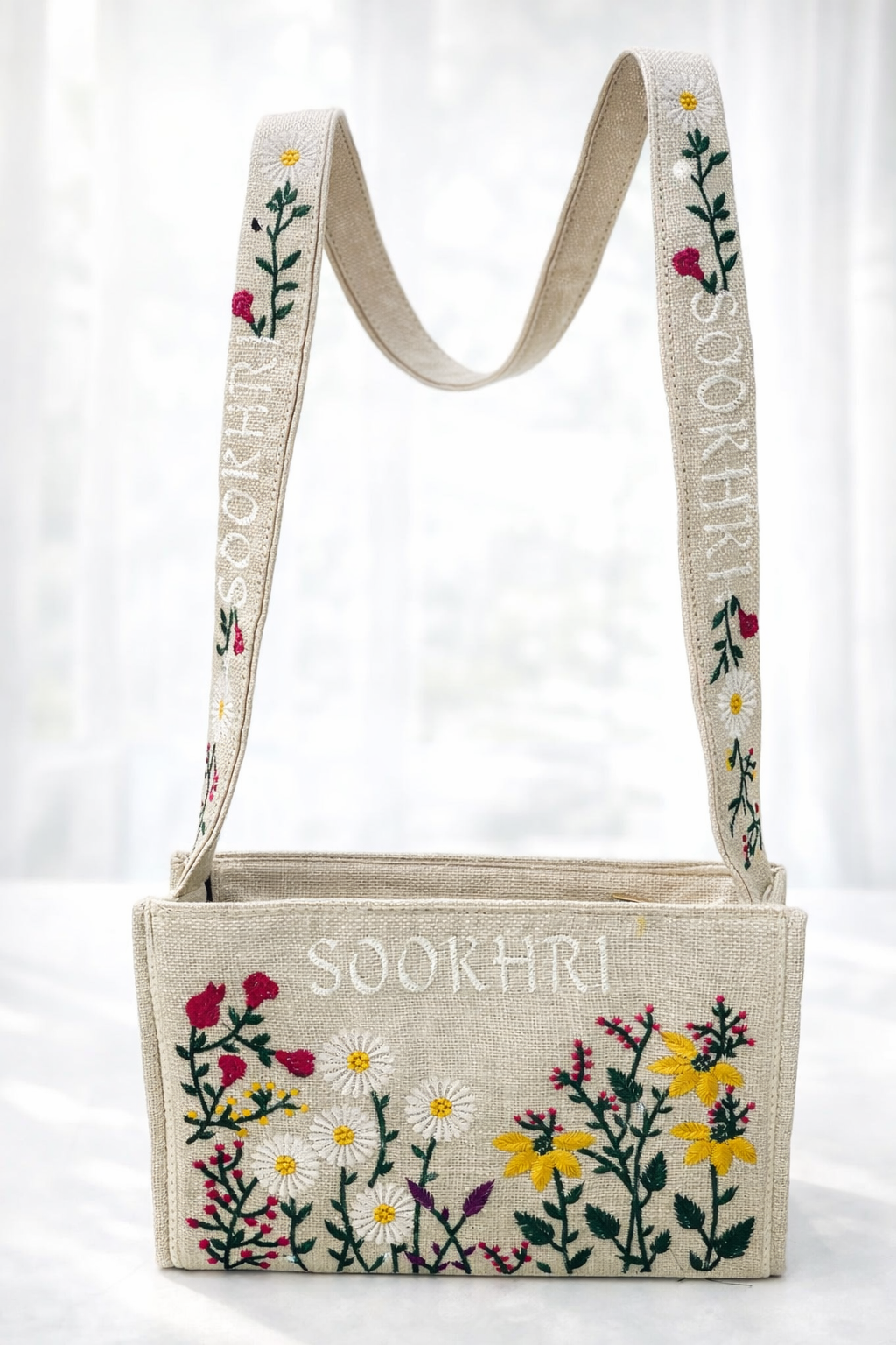 Sookhri Cross Body Floral Embroidered Jute Fabric Bag with Quality Zip