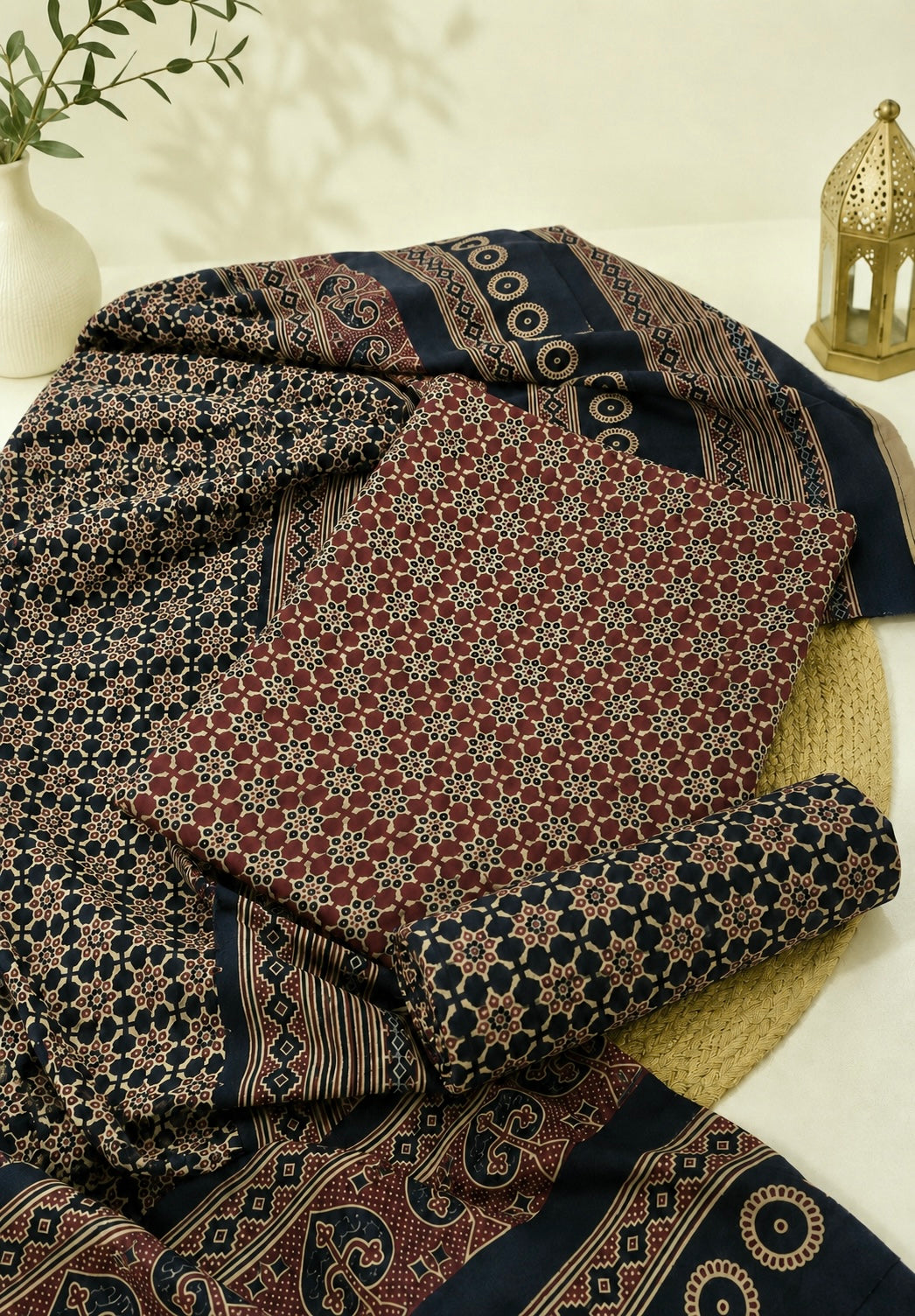 Malir Ajrak Block Print Cotton Fabric - Unstitched 3PC Dress