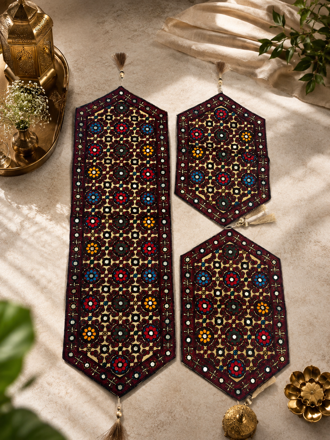 Antique Multi Sitara Machine Embroidered Sofa Table Mats 3pc Set