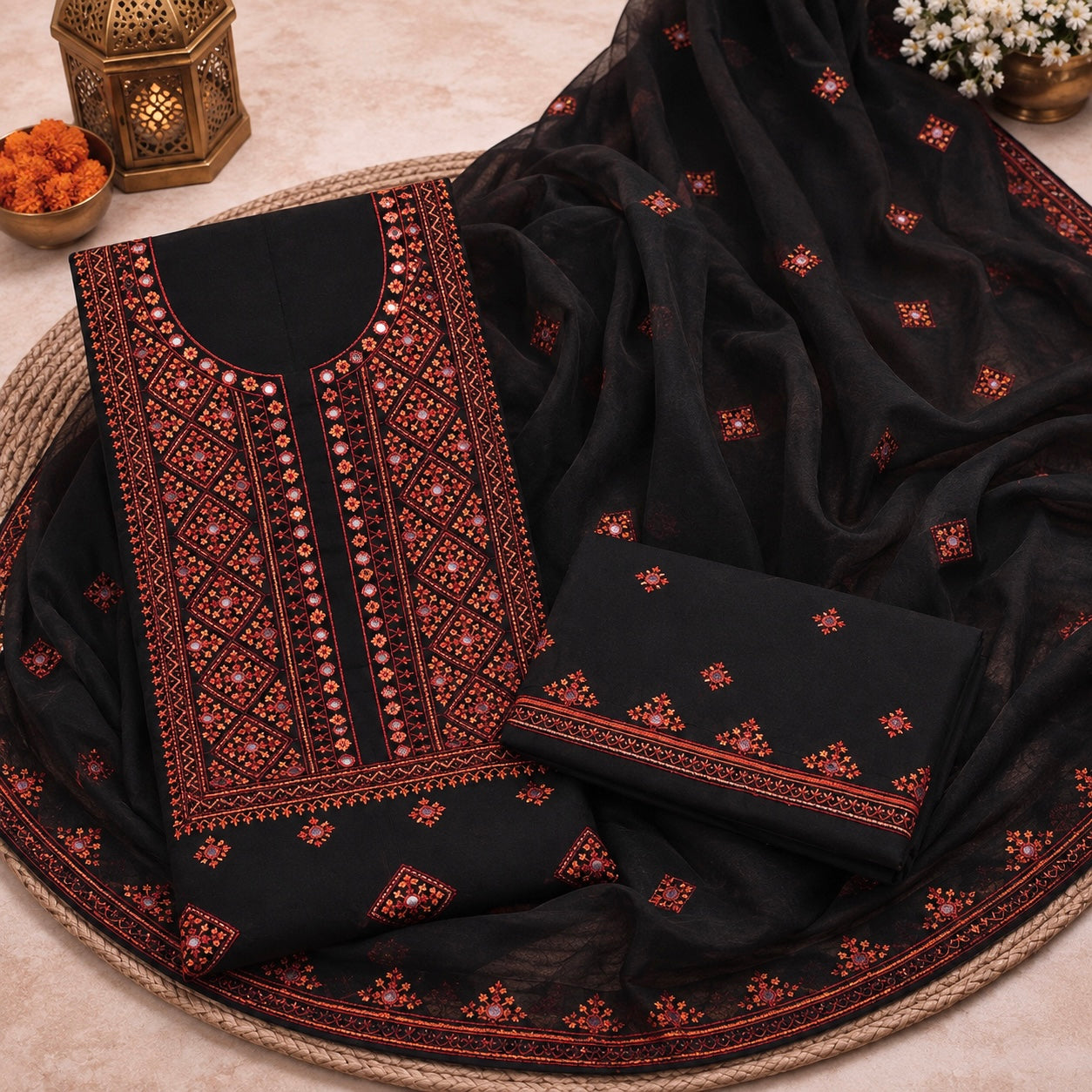 Balochi Style Thick Thread 9MM Sitara Embroidered Lawn Cotton with Chiffon Dupatta - 3PC Unstitch Dress 👗