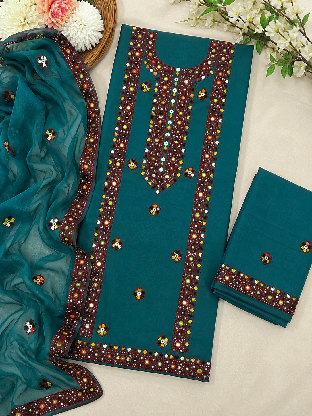 Balochi Multi Thick Thread & 9MM Sitara Heavy Embroidered Lawn Cotton Shirt & Trouser with Chiffon Dupatta | 3 Piece Unstitched Dress