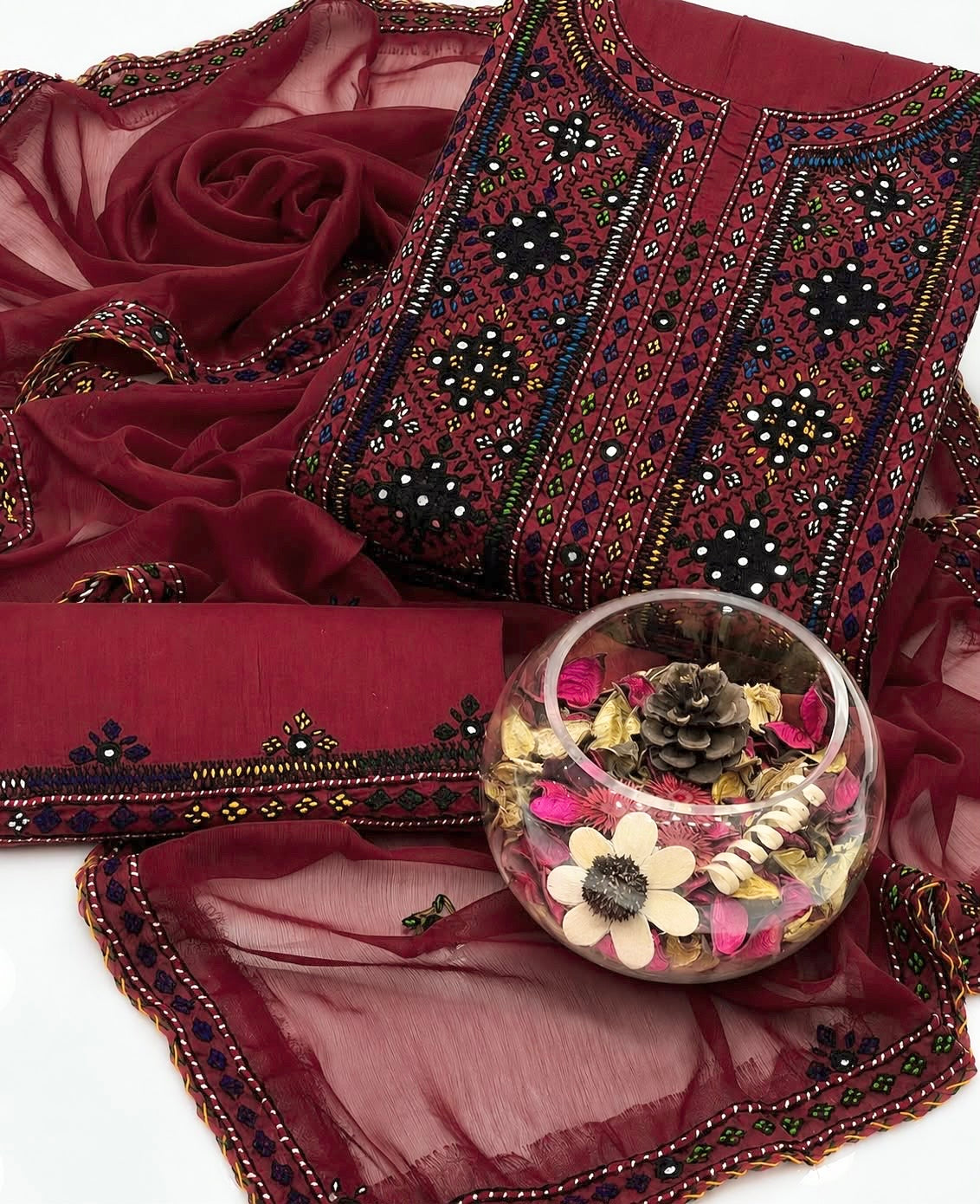 Balochi Handmade Mirror Work Soft Cotton Fabric Shirt & Trouser with Chiffon Dupatta | 3PC Unstitch Dress 👗