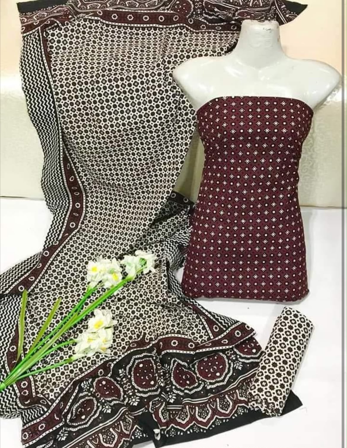 Ajrak Block Print Cotton Fabric Printed Shirt, Dupatta & Trouser | 3PC Unstitched Dress