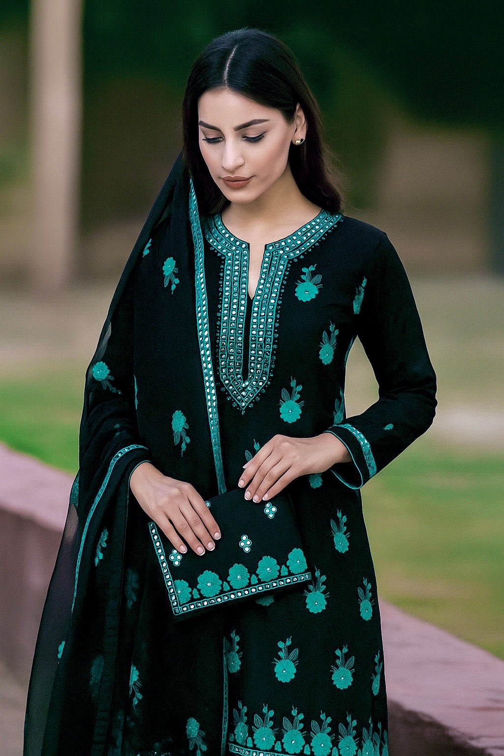 Luxury Black Sitara Sequin Embroidered 3-Piece Dress with Shefoon Dupatta