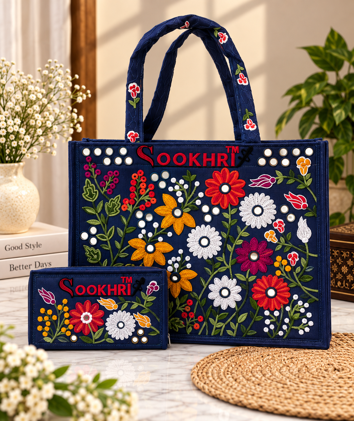 Traditional Multi-Pattern Antique Embroidered Handbag with Matching Clutch