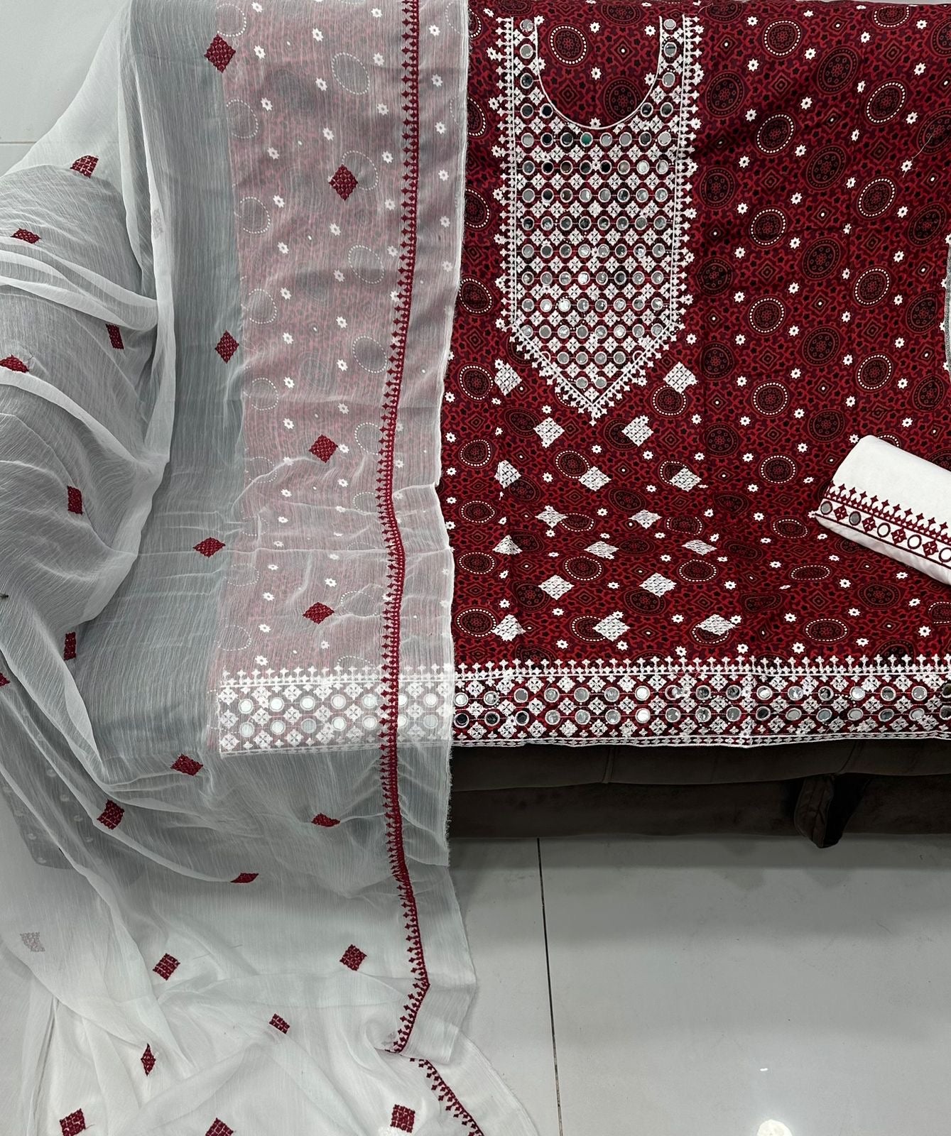 Ajrak Original Mirror Work Machine Embroiderd 3pc Dress 👗