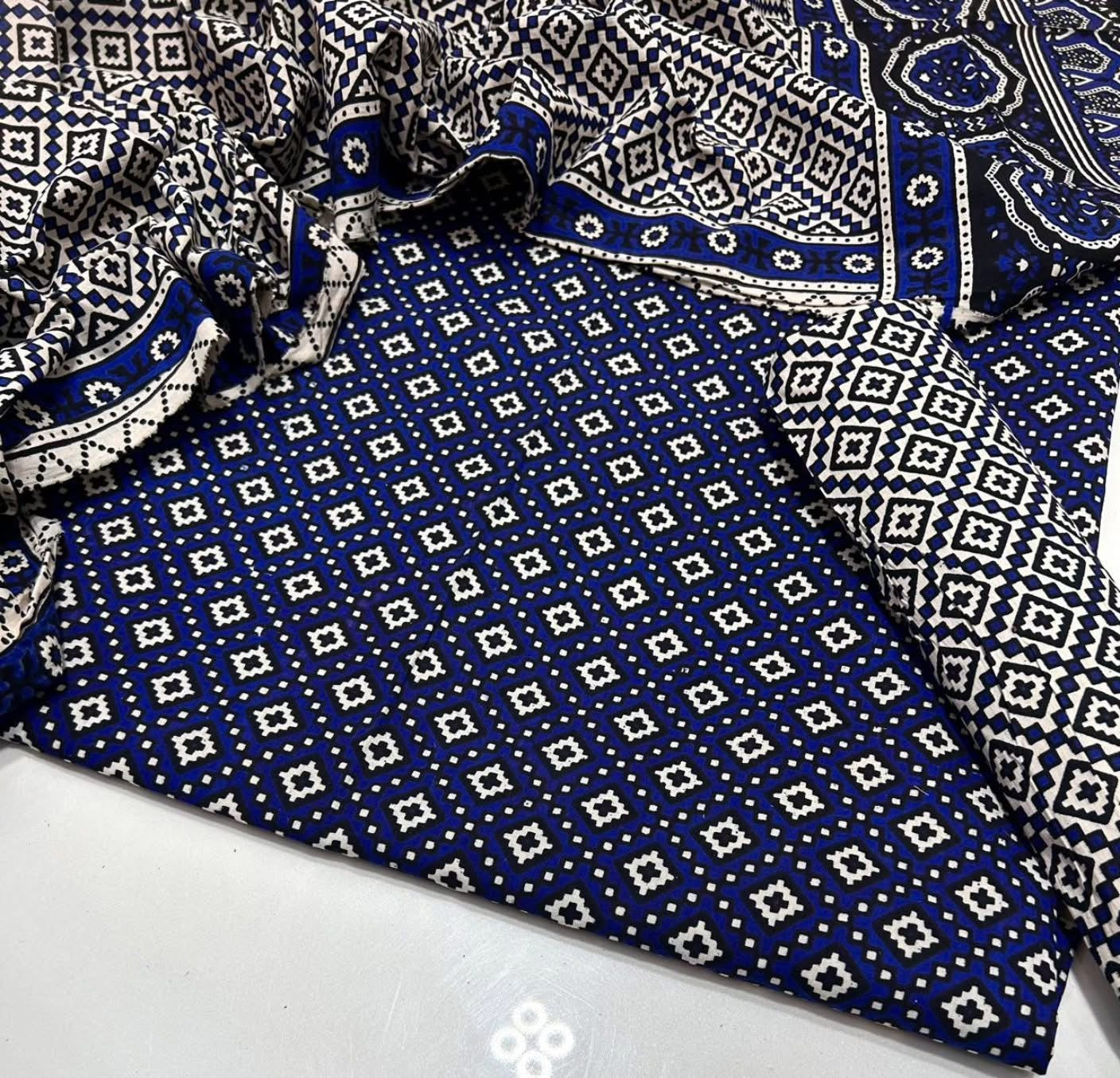 Hand Block Print Ajrak Cotton Unstitched 3-Piece Suit | All-Season Wear