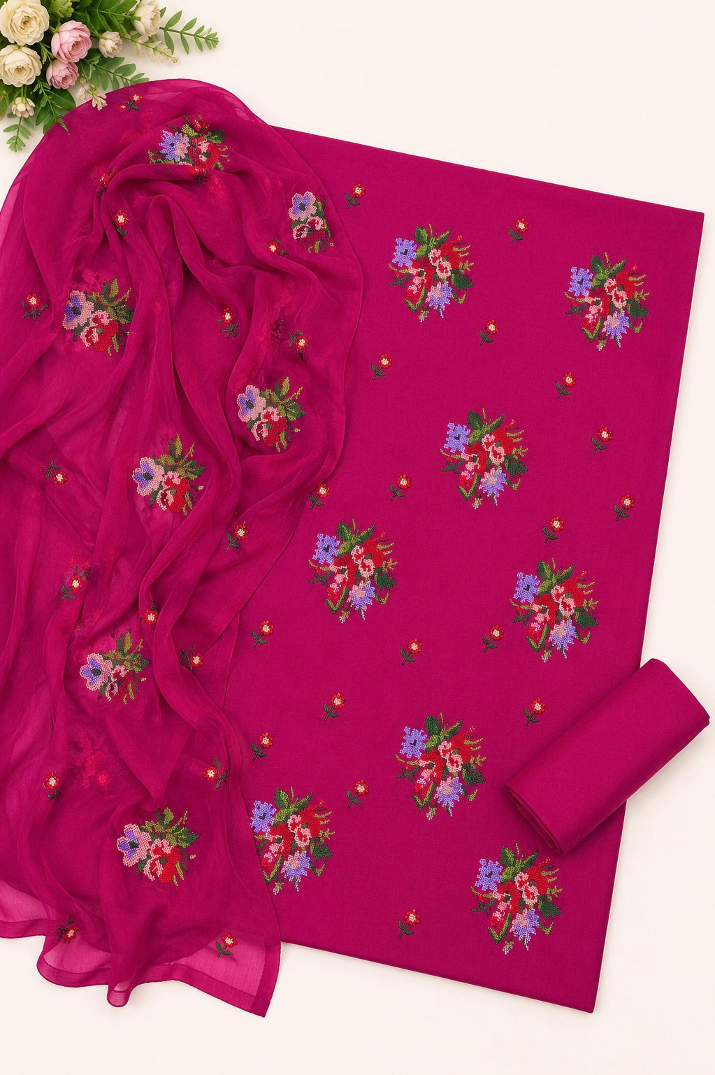 Cross Stitch Multi Floral Bunches Embroidered Lawn Cotton Shirt & Trouser with Chiffon Dupatta - 3PC Unstitched Dress