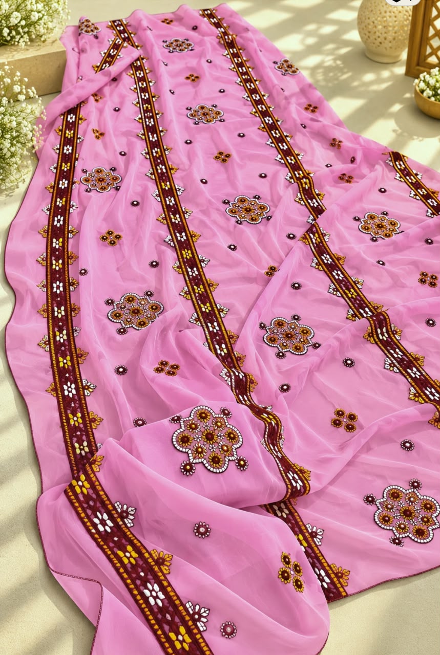 Crinkle Chiffon Balochi Four Panel Thick Thread Sitara Embroidery Chaddar