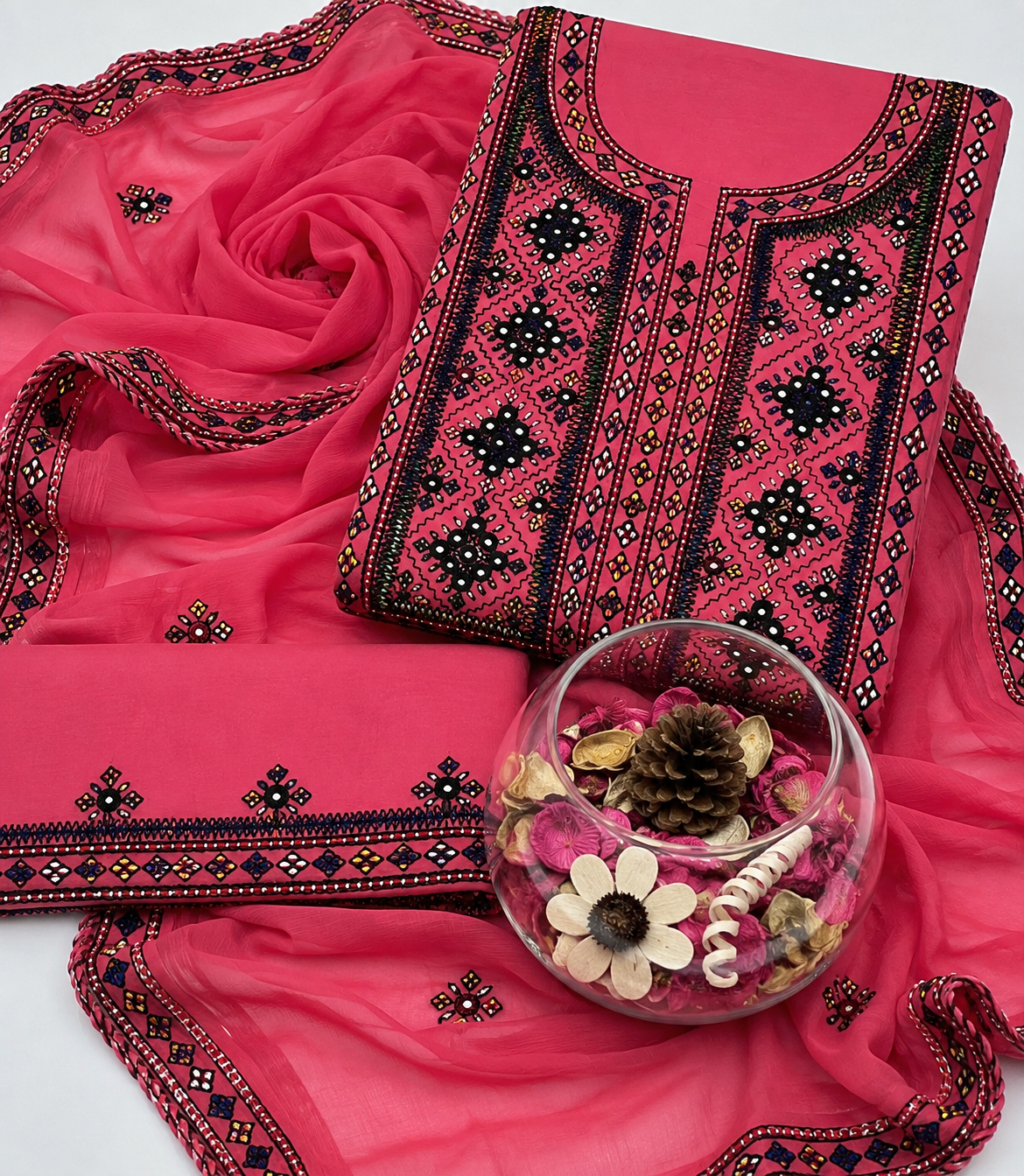 Balochi Handmade Mirror Work Soft Cotton Fabric Shirt & Trouser with Chiffon Dupatta | 3PC Unstitch Dress 👗