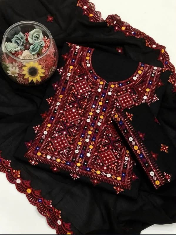 Black Balochi Thick Thread 9MM Sitara Work Machine Embroidered Lawn Cotton with Two Side Cutwork Border Chiffon Dupatta - 3PC Unstitched Dress 👗