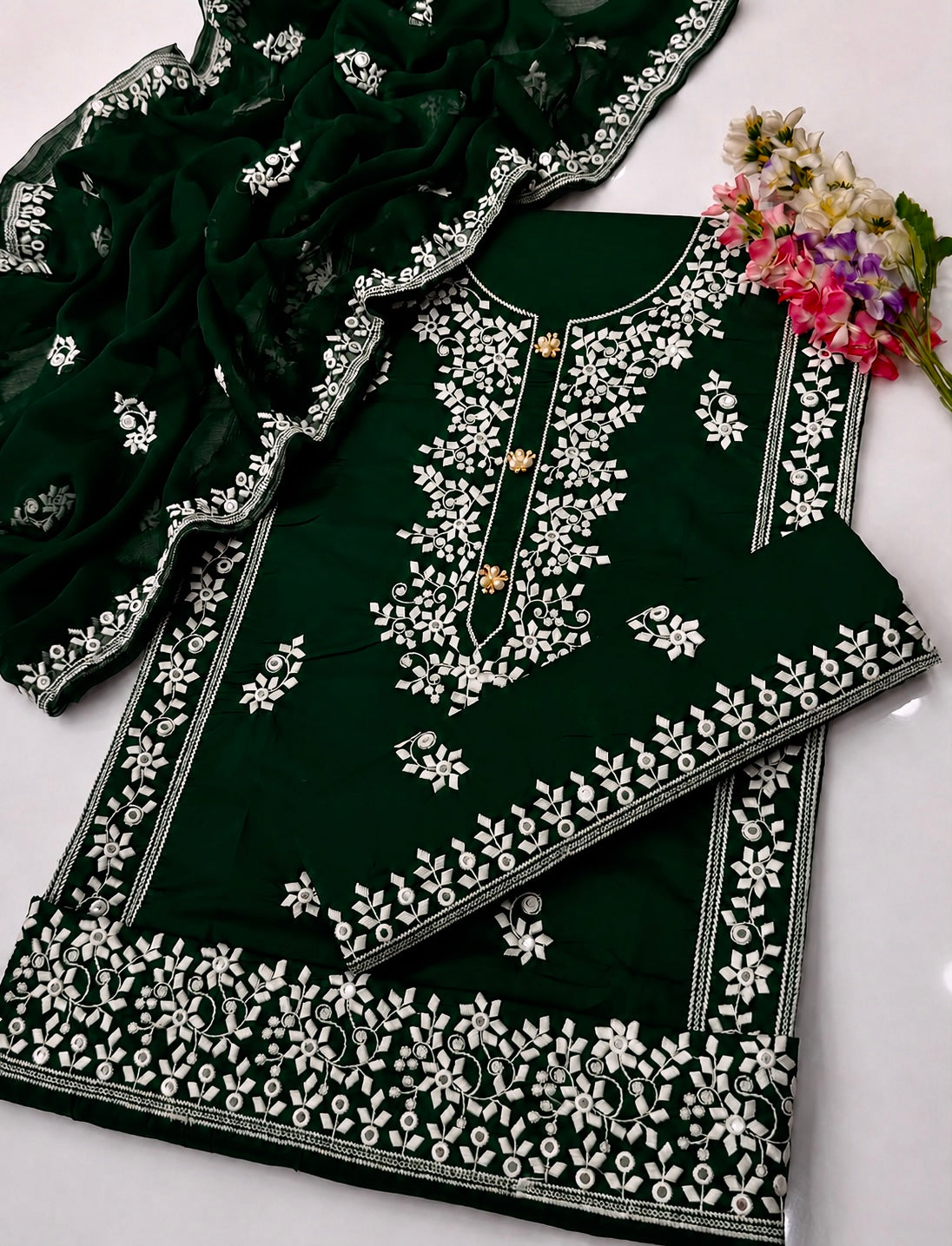 Applic Patti Style Sitara Embroidered Soft Cotton Shirt & Trouser with Chiffon Embroidered Dupatta - 3PC Unstitch Dress 👗
