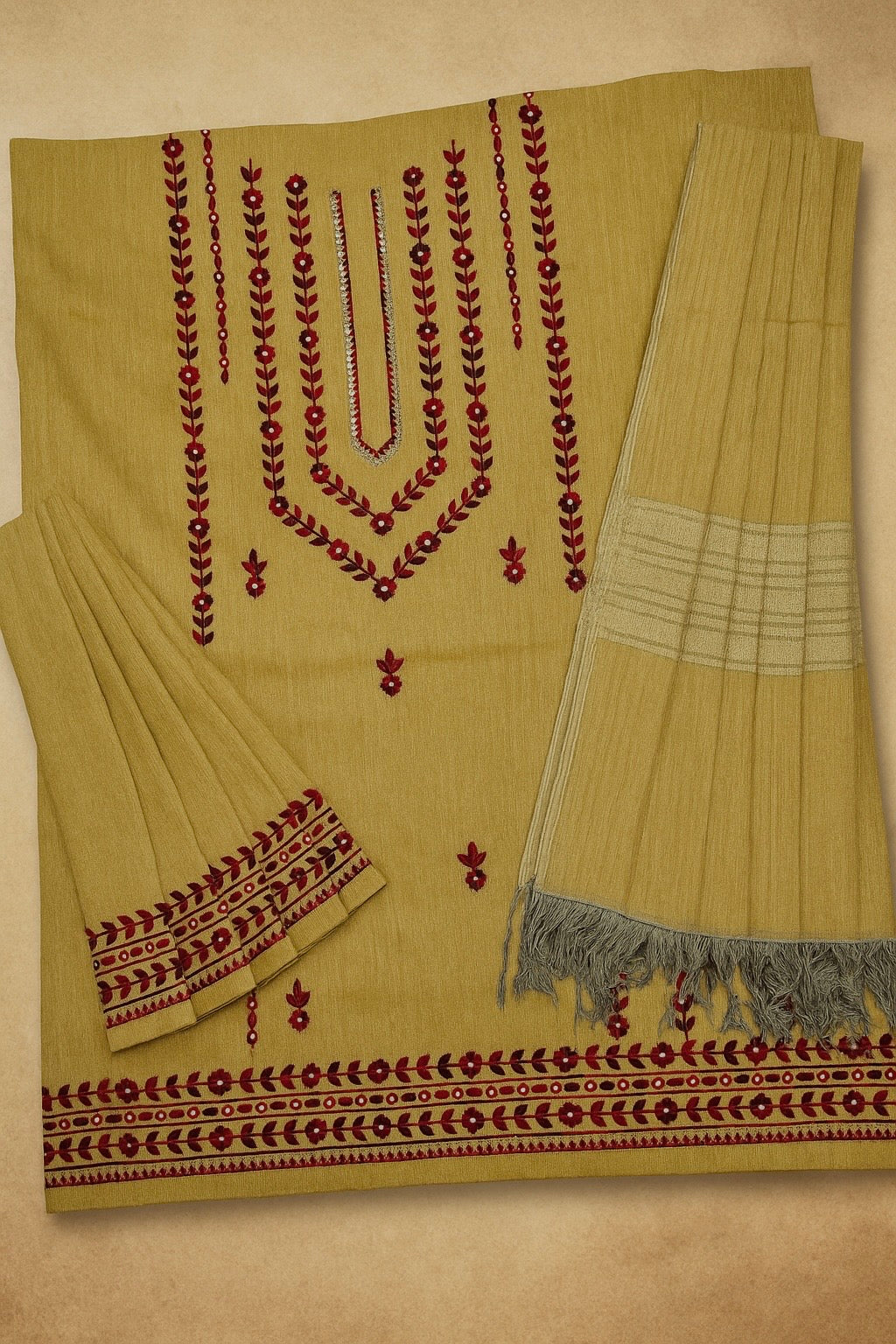 Winter Soft Karandi Khaddar 3 Piece Dress Phulkari Thick Thread Embroidery with Karandi Khaddar Jacquard Dupatta