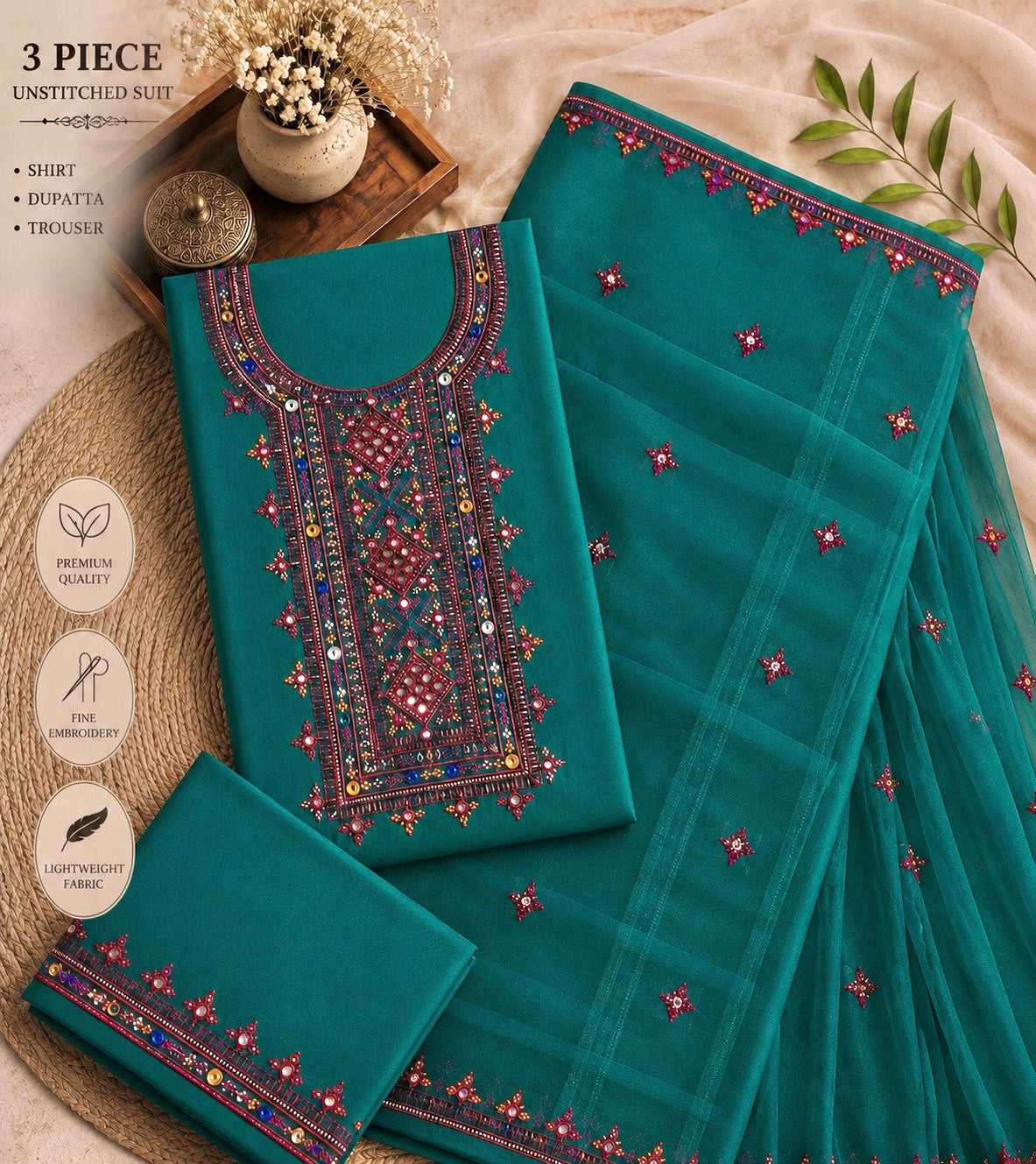 Balochi Thick Thread 9MM Sitara Embroidered Lawn Cotton with Chiffon Dupatta -3PC Unstitch Dress 👗