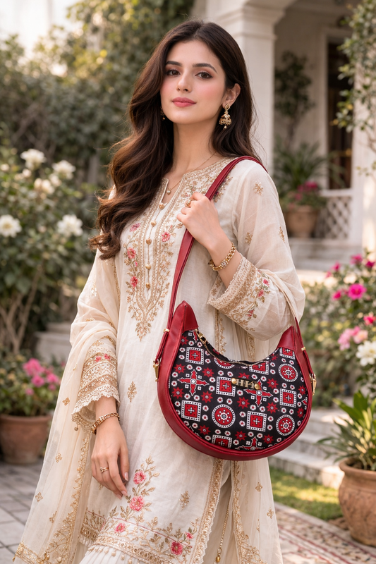 Traditional Printed Canvas Crescent Shape Shoulder Bag with Leather Trim