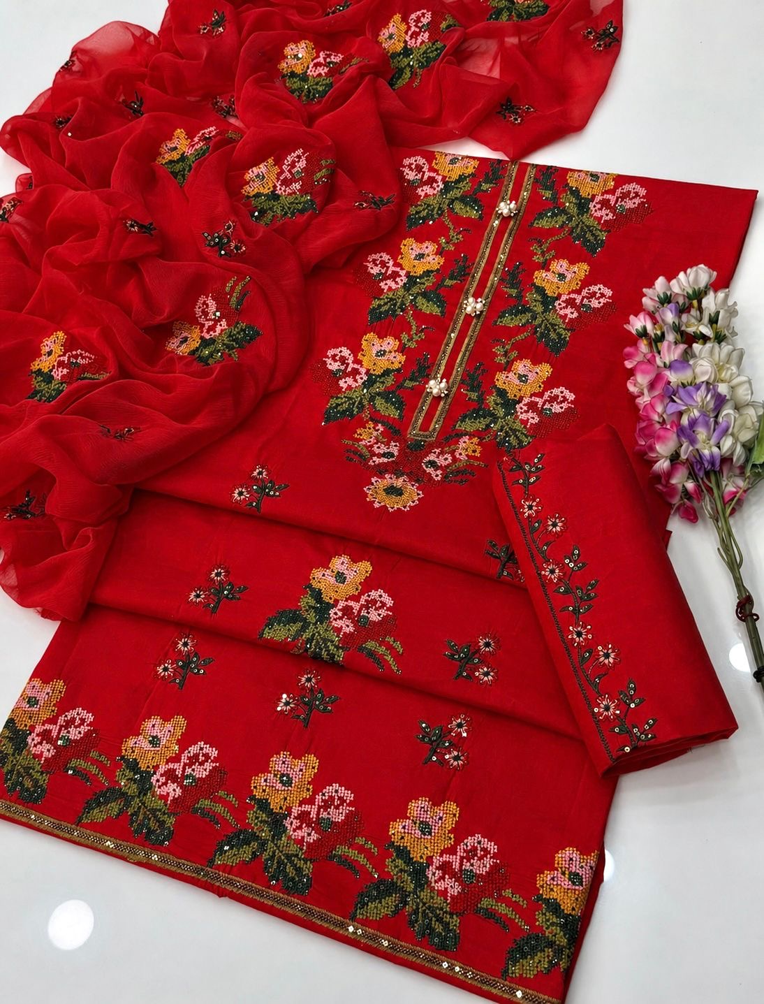 3MM Sequence Sitara Heavy Cross Stitch Multi Floral Embroidery Lawn Cotton with Chiffon Dupatta - 3PC Unstitched Dress 👗