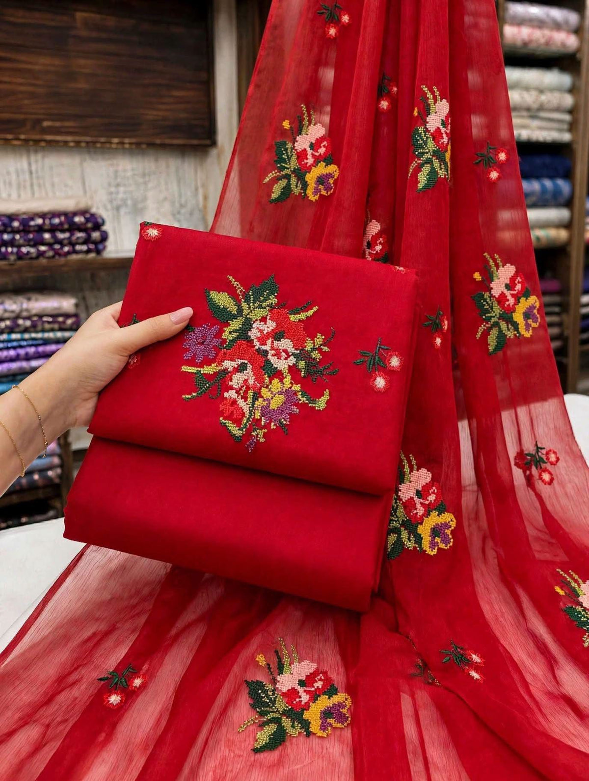 Cross Stitch Multi-Flower Embroidered Soft Cotton with Chiffon Dupatta - 3PC Unstitched Dress 👗