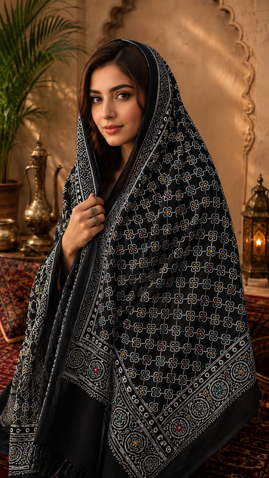 Traditional Block Print Cotton Fabric Multi Sitara Foil Embroidery Ajrak Shawl