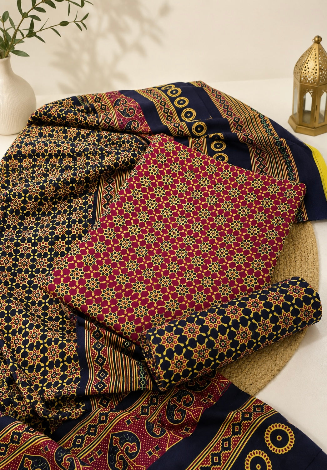 Malir Ajrak Block Print Cotton Fabric - Unstitched 3PC Dress