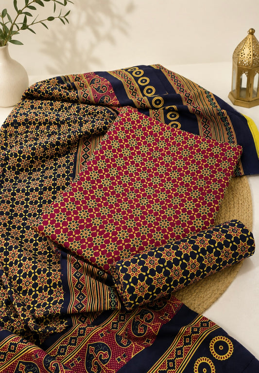 Malir Ajrak Block Print Cotton Fabric - Unstitched 3PC Dress