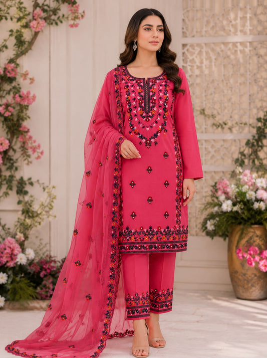 3MM Sequence Sitara Pakka Thread Multi Embroidered Lawn Cotton Suit with Premium Chiffon Cutwork Dupatta – 3PC Unstitched Dress 👗