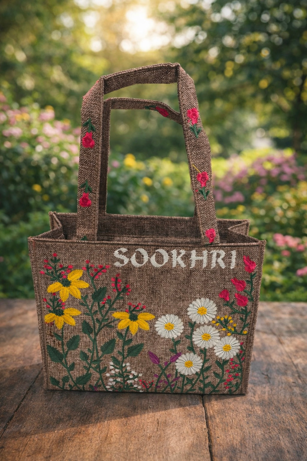 Floral Embroidered Jute Fabric Tote Bag – Medium Size