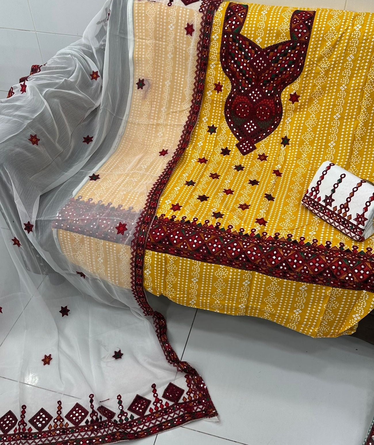 Balochi Ari Sitara Work Chunri Print Cotton 3pc Dress