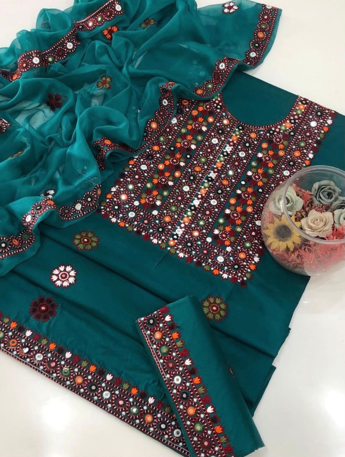 Balochi Multi Thick Thread 9MM Sitara Heavy Embroidered Lawn Cotton with Chiffon Dupatta – 3PC Unstitched Dress