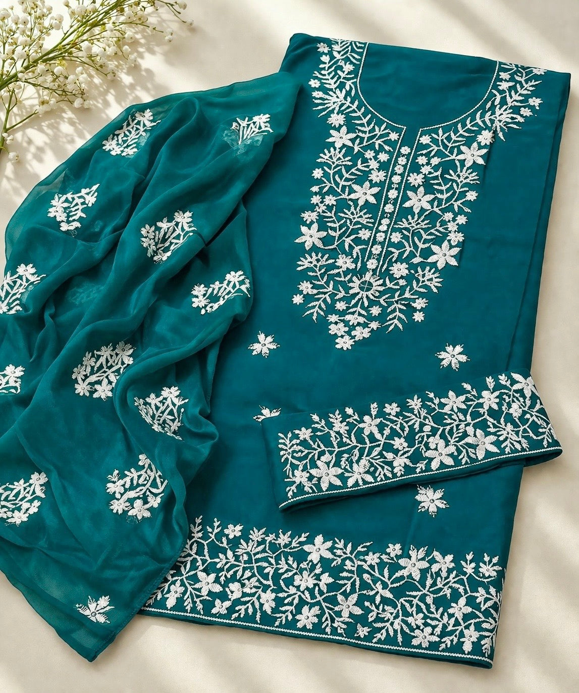 White Thick Thread Sequence Sitara Embroiderd Lawn Cotton With Chiffon Dupatta - 3PC Unstitch Dress 👗