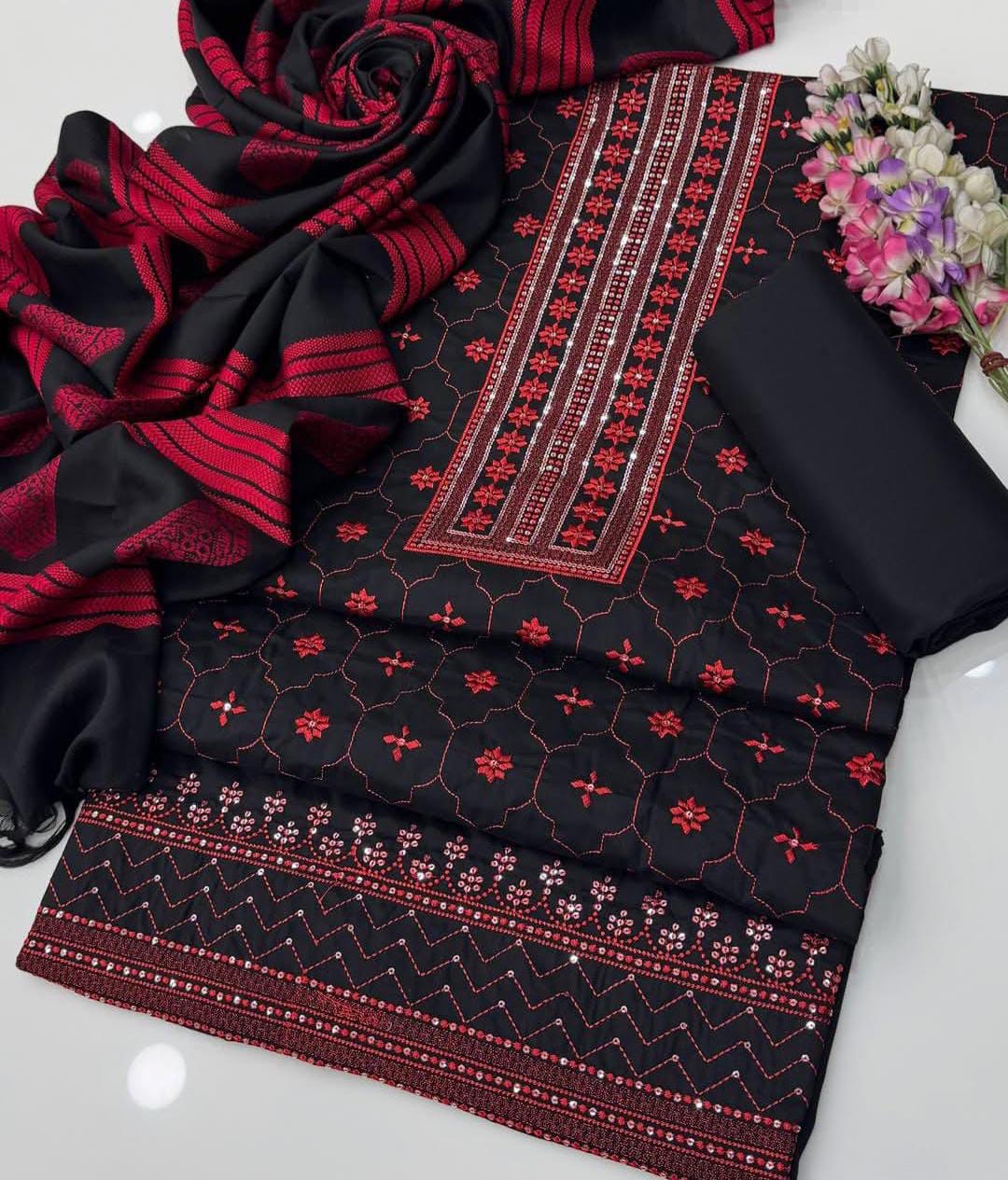 Winter Staple Sussi Suit with 3MM Sequence Sitara Computer Embroidery With Thari Shawl Jacquard Dupatta 3PC Dress 👗