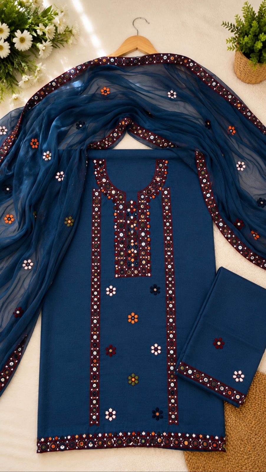 Balochi Multi Thick Thread & 9MM Sitara Heavy Embroidered Soft Cotton Shirt & Trouser with Chiffon Dupatta | 3PC Unstitched Dress 👗