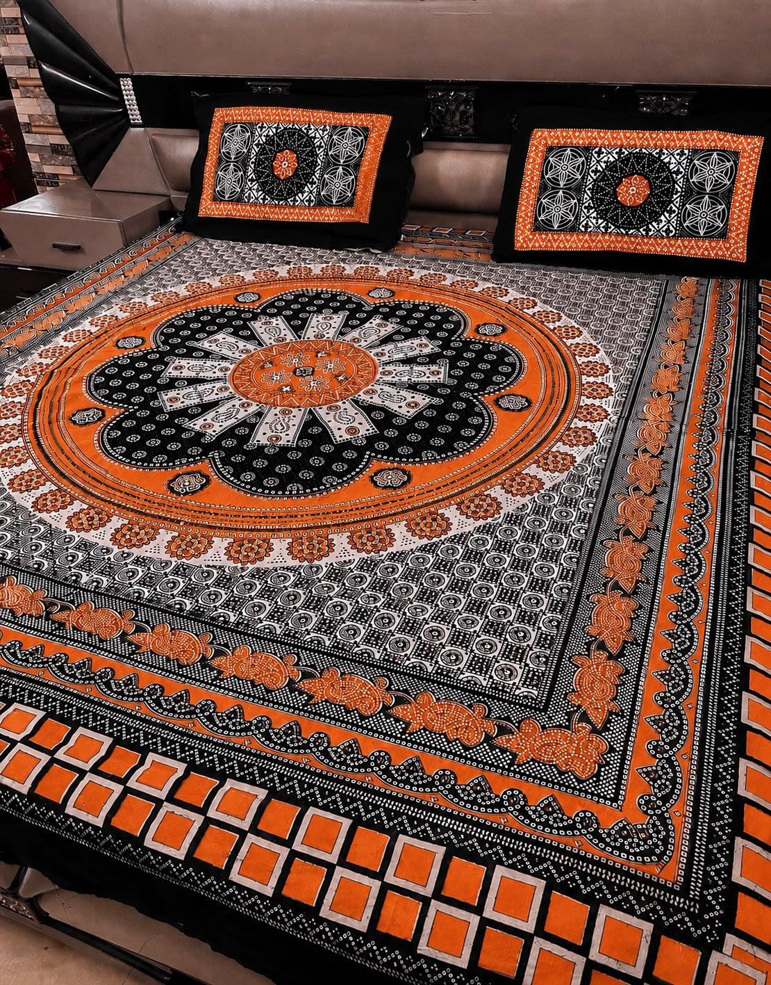 King Size Ajrak Block Hand Print Cotton Stuff Bedsheet Set with 2 Unstitched Pillow Covers