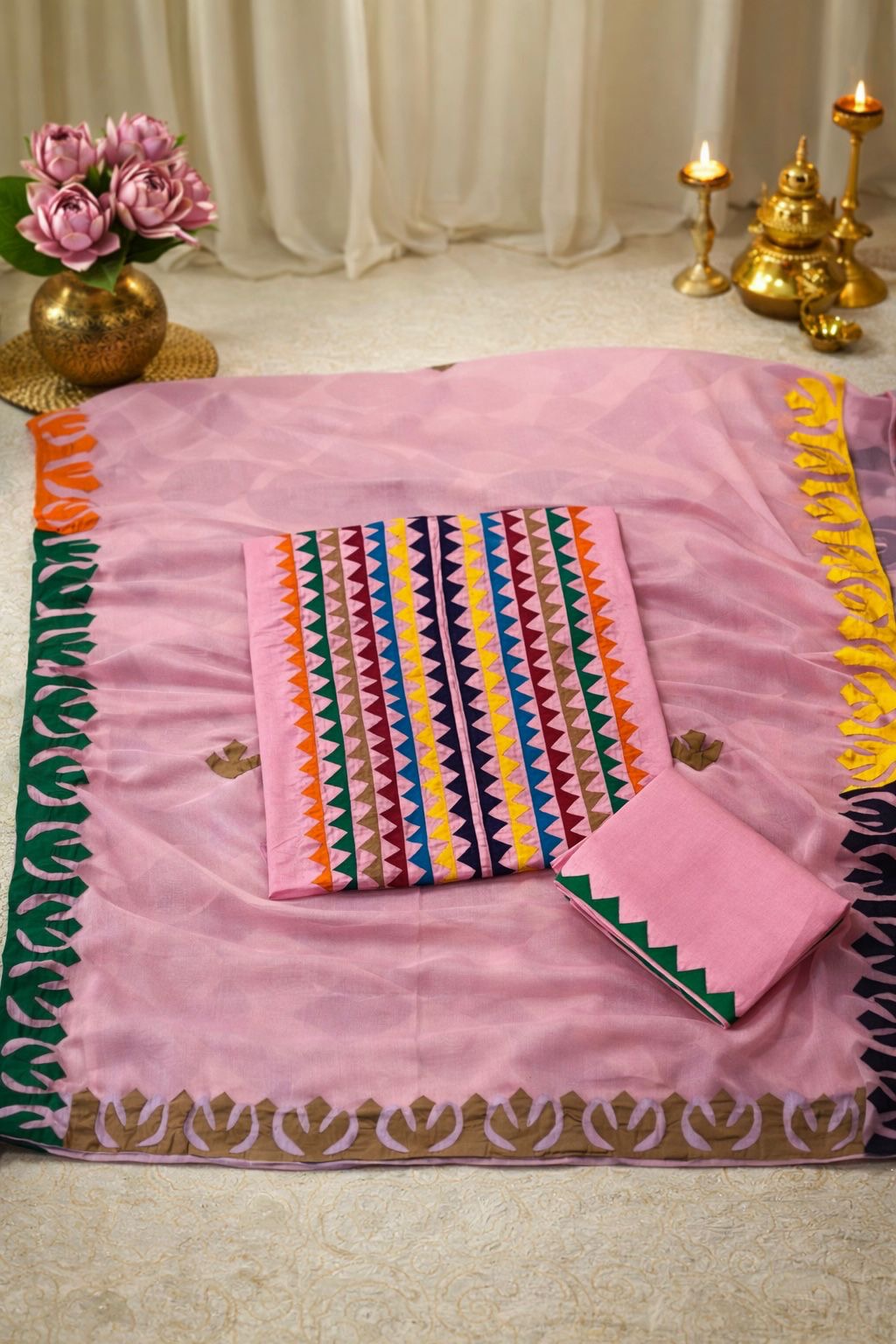Multicolor Applique 3-Piece Dress – Soft Cotton with Chiffon Dupatta