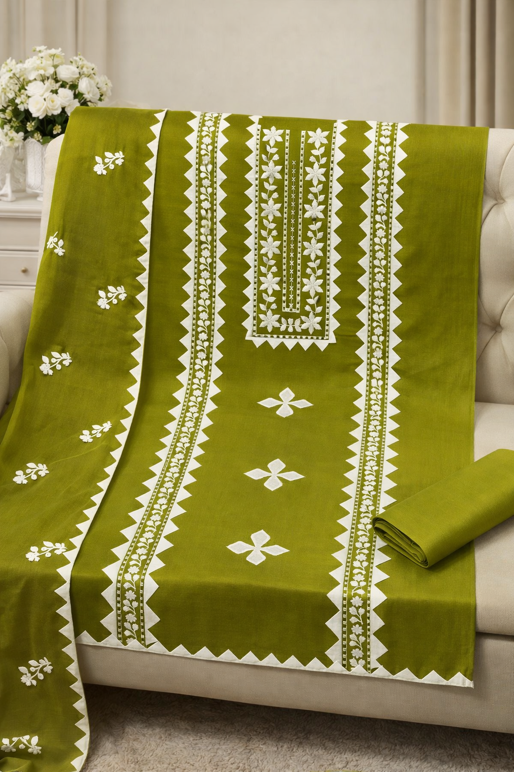 Elegant Handmade Applic Work Embroidery Lawn Cotton with Chiffon Dupatta - Unstitch 3PC Dress 👗