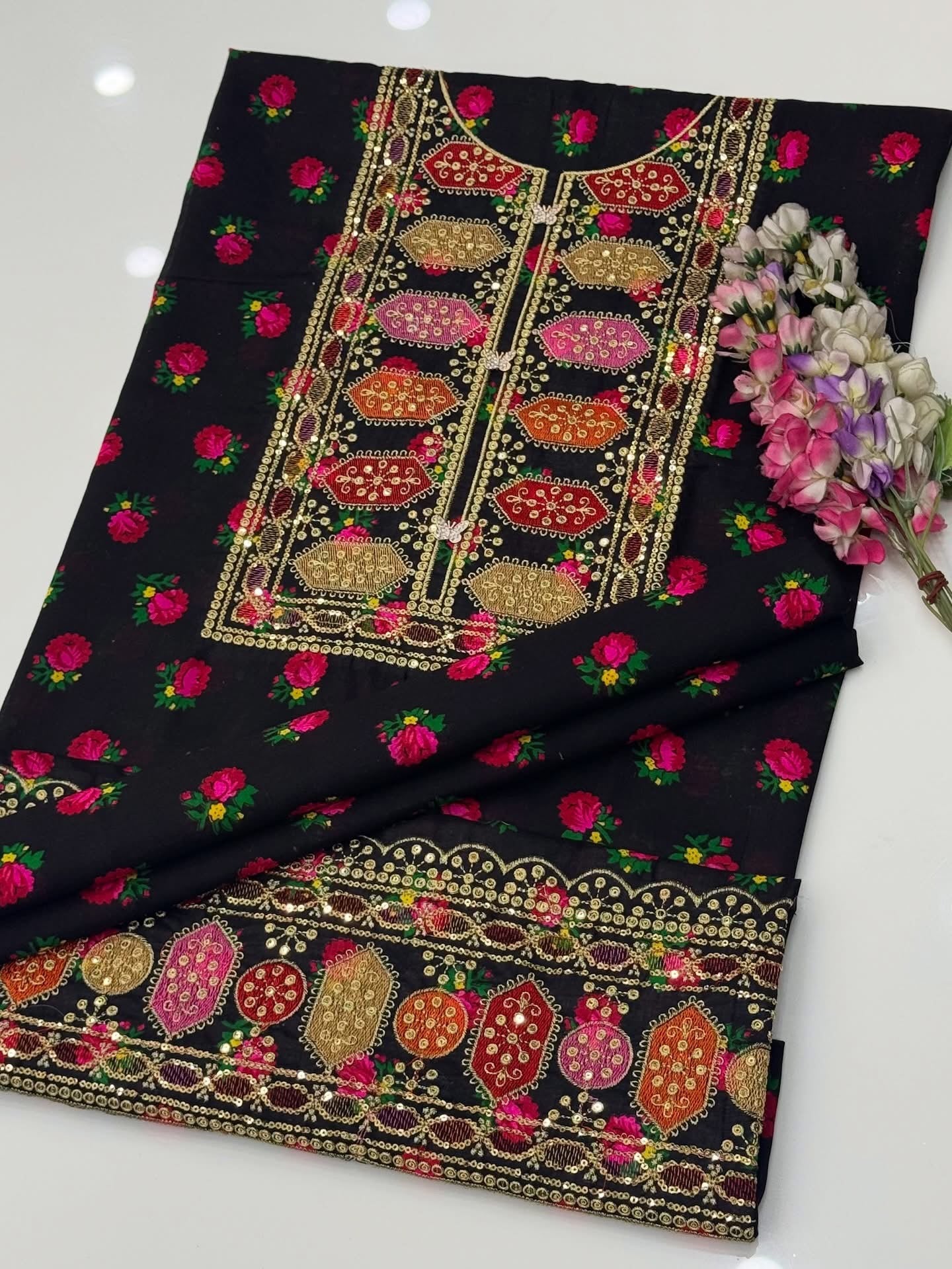 Acrylic Marina Floral Printed 2 Piece Unstitched Suit with Sequence Sitara Work Embroidery