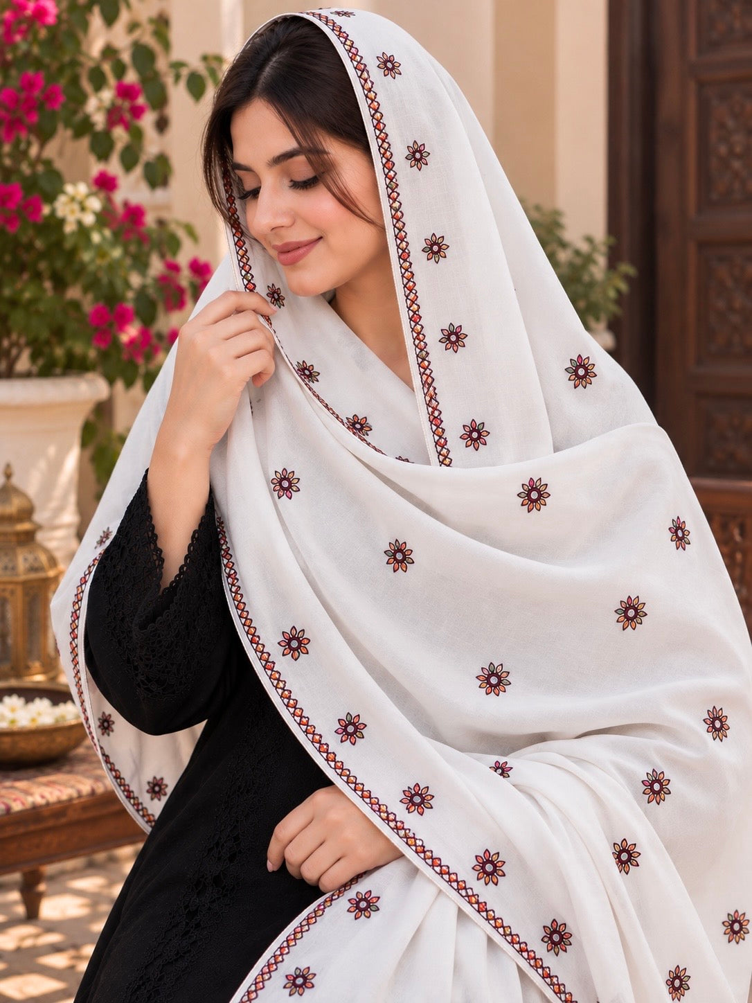 Premium Swiss Fabric Multi-Flower Booti Sitara Embroidered Full Chadar