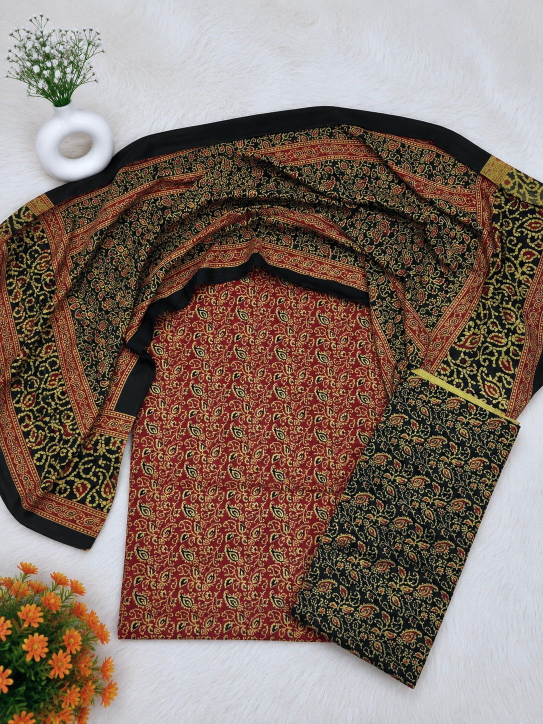Malir Ajrak Block Print Cotton Fabric - Unstitched 3PC Dress