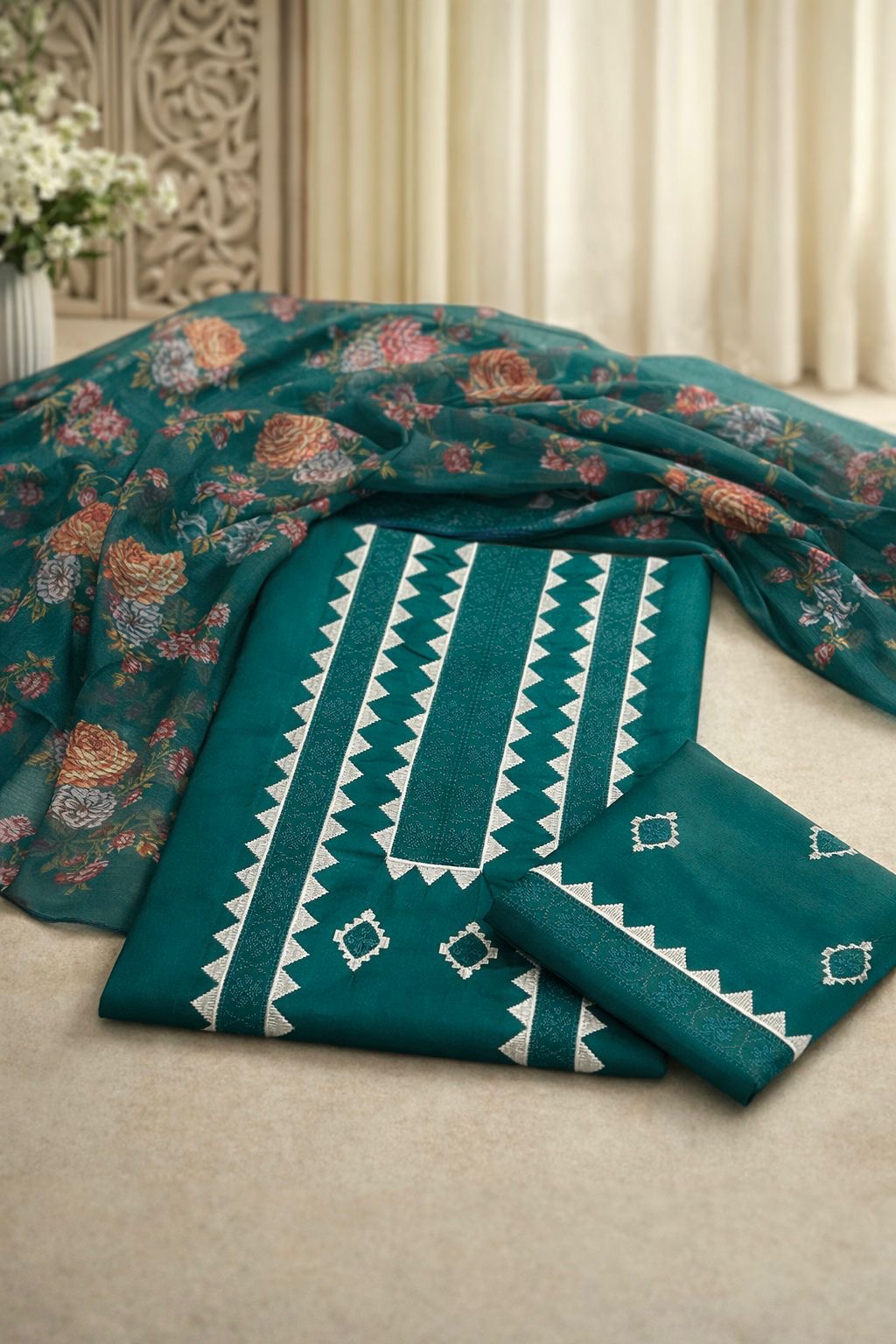 Computer Applique Embroidered Lawn Cotton Shirt & Trouser with Digital Print Floral Chiffon Dupatta - 3PC Unsticth Dress 👗