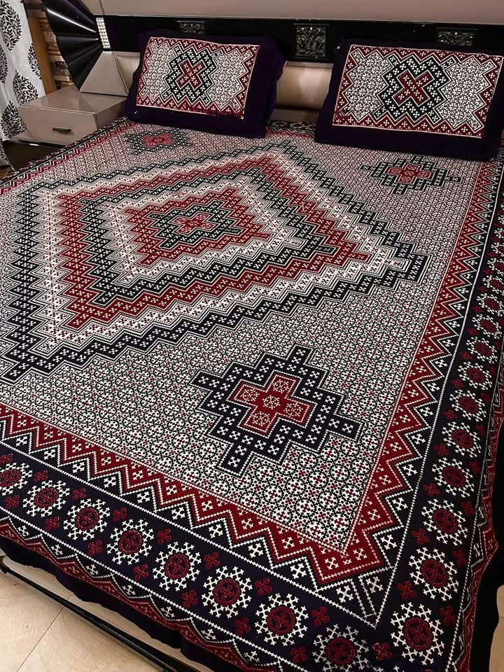 King Size Ajrak Block Hand Print Cotton Stuff Bedsheet Set with 2 Unstitched Pillow Covers