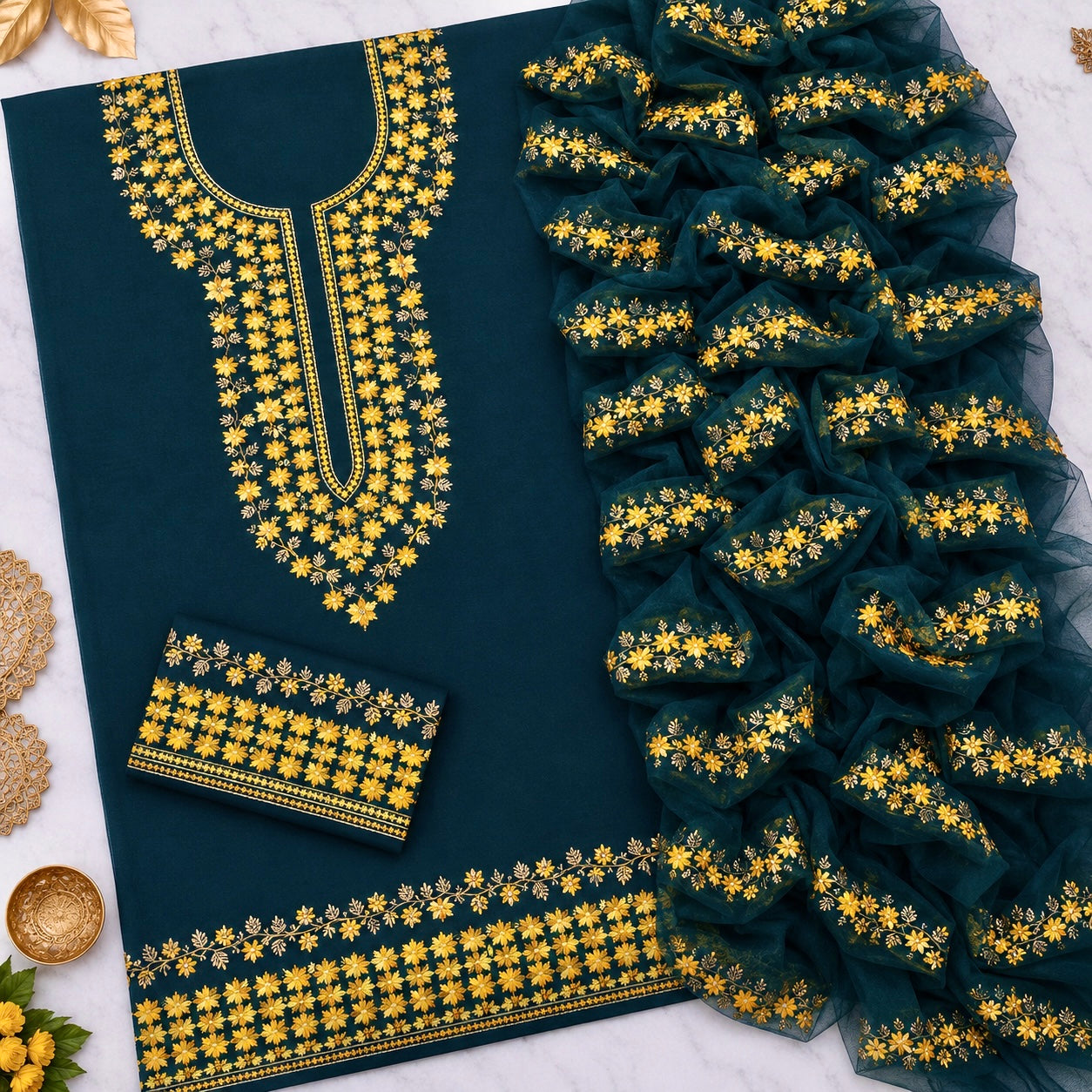 Two-Tone 3MM Sitara Thick Thread Flower Work Embroidery Soft Cotton with Chiffon Dupatta - 3PC Unstitch Dress 👗