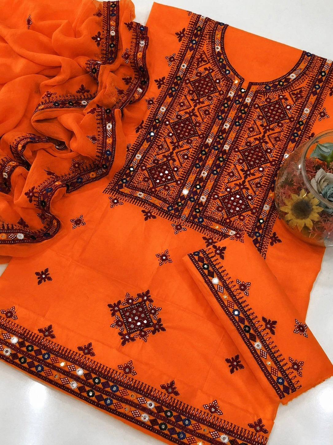 Balochi Thick Thread Sitara Embroidery Lawn Cotton With Chiffon Dupatta - 3PC Unstitch Dress 👗