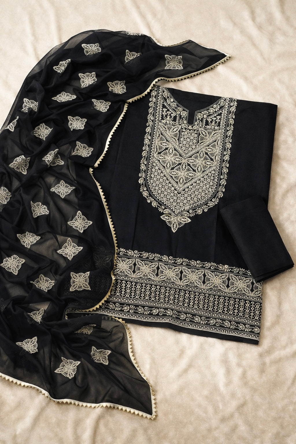 Black Soft Cotton Embroidered Suit with 3mm Sequence Work & Chiffon Dupatta – 3PC Unstitch Dress 👗